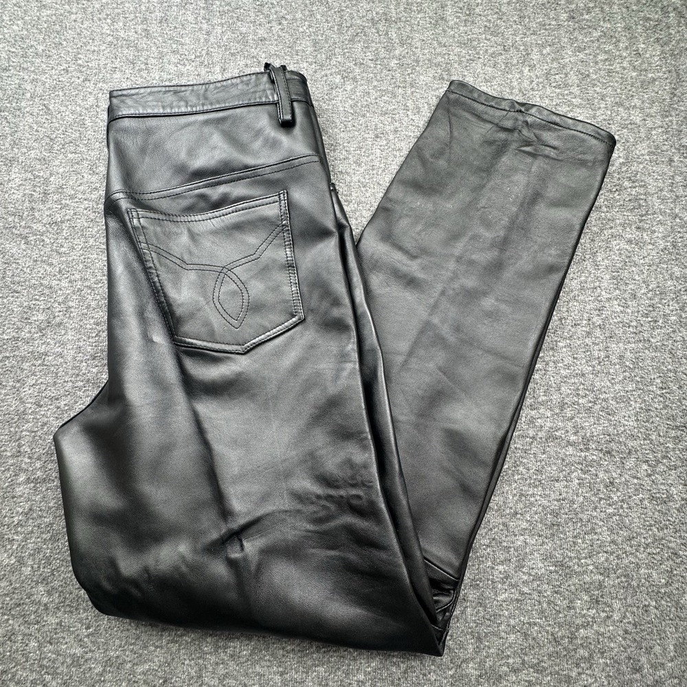 Bagazio Black Leather Pants 5 Pocket Button Fly Men's Sz 36x34 Vtg Moto